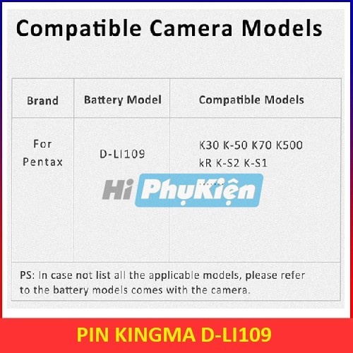 Pin KingMa for Pentax D-Li109